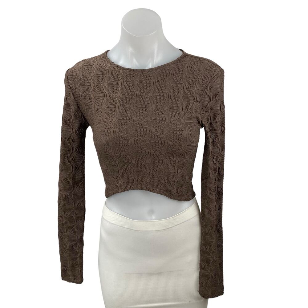 Zara Women's Brown Embossed Textured Long Sleeve Knit Round Neck Crop Top Size M